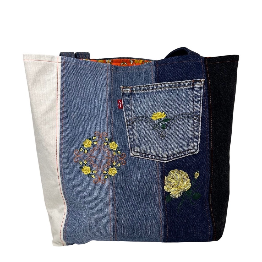Levi's Mercado Global Patchwork Denim Tote Bag Embroidered Rose Floral Boho Blue